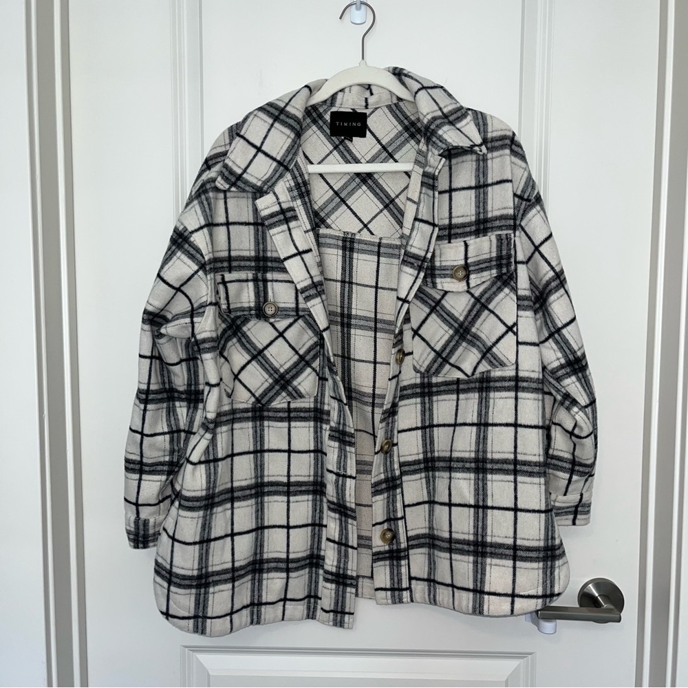 Timing Cream and Black Utility Jacket Oversized Shacket Design - Picture 2 of 5
